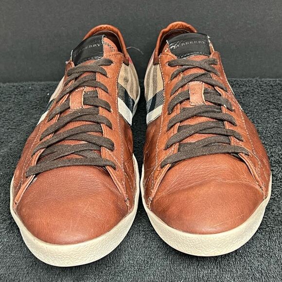 Men’s Burberry Brown Leather & Nova Check Canvas Low Top Shoes Size 12 AUTHENTIC - Picture 3 of 9
